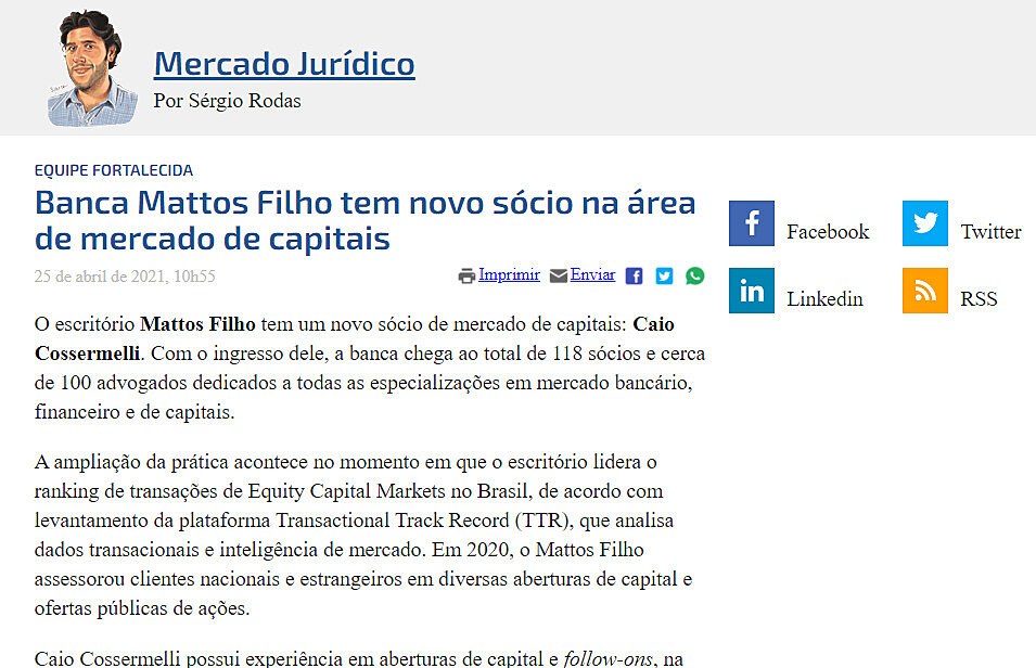 Banca Mattos Filho tem novo scio na rea de mercado de capitais